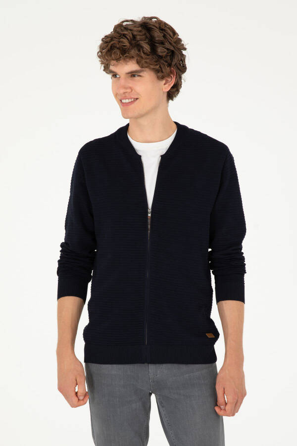 Navy blue zippered, stand collar, regular fit knitted cardigan. - 1