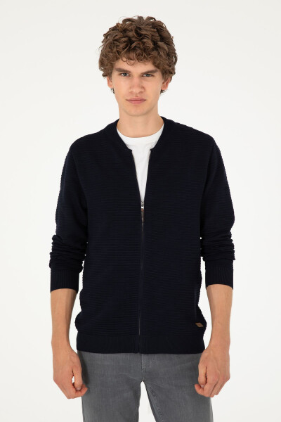 Navy blue zippered, stand collar, regular fit knitted cardigan. - 3