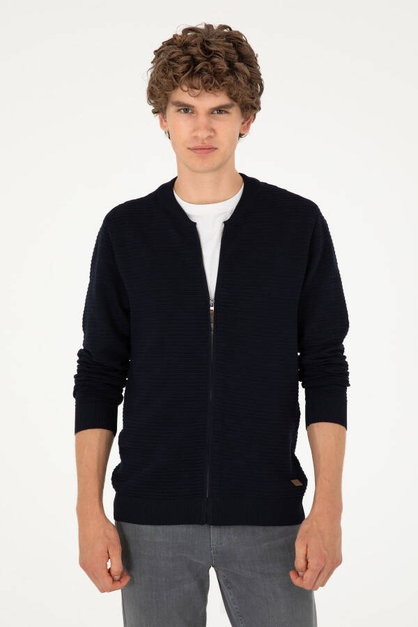 Navy blue zippered, stand collar, regular fit knitted cardigan. - 3