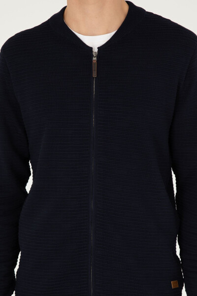 Navy blue zippered, stand collar, regular fit knitted cardigan. - 6