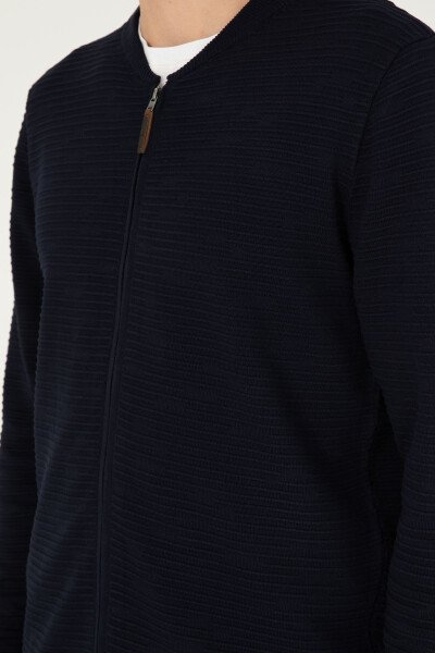 Navy blue zippered, stand collar, regular fit knitted cardigan. - 7