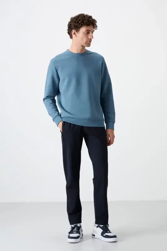 Navy Blue Zippered Three Pocket Slim Fit Classic Cut Men's Sweatpants - 84671-NAVY BLUE - 1