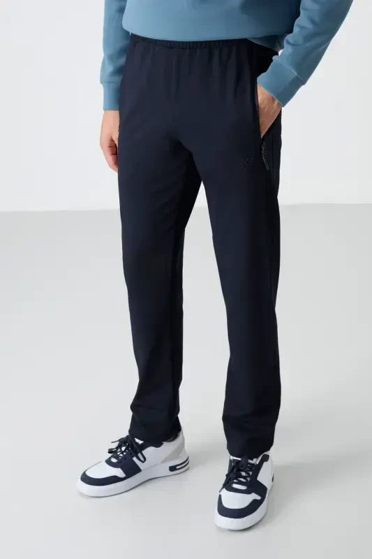 Navy Blue Zippered Three Pocket Slim Fit Classic Cut Men's Sweatpants - 84671-NAVY BLUE - 2