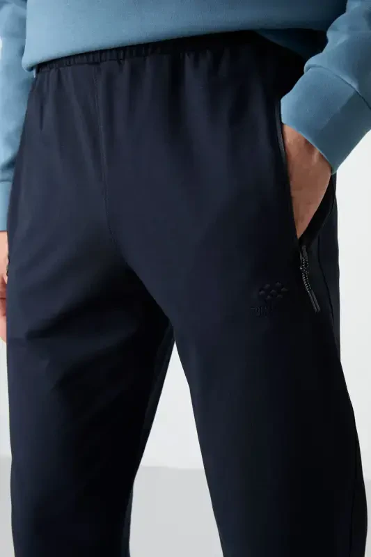 Navy Blue Zippered Three Pocket Slim Fit Classic Cut Men's Sweatpants - 84671-NAVY BLUE - 3