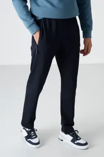 Navy Blue Zippered Three Pocket Slim Fit Classic Cut Men's Sweatpants - 84671-NAVY BLUE - 4