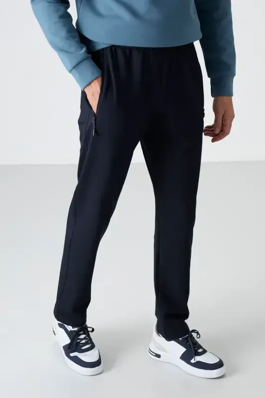 Navy Blue Zippered Three Pocket Slim Fit Classic Cut Men's Sweatpants - 84671-NAVY BLUE - 4