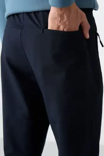 Navy Blue Zippered Three Pocket Slim Fit Classic Cut Men's Sweatpants - 84671-NAVY BLUE - 5