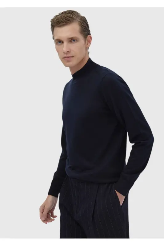 Navy Boat Neck Plain Knit Wool Blend Knitwear - 1