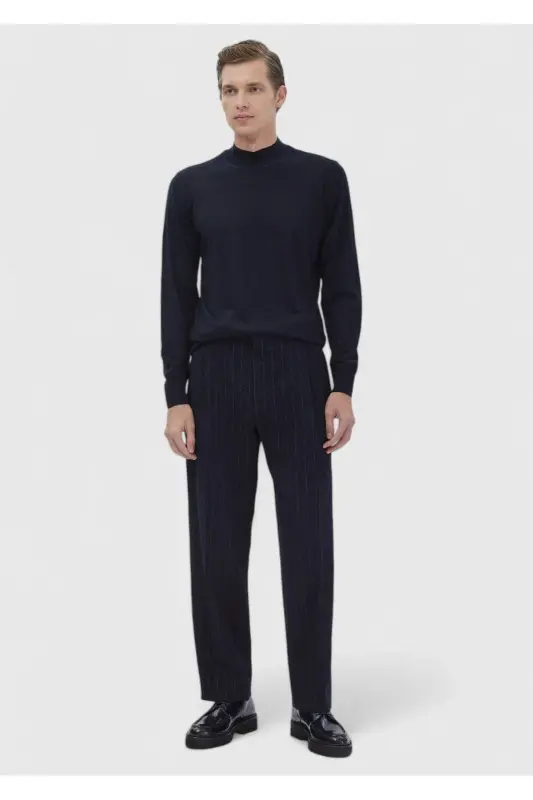 Navy Boat Neck Plain Knit Wool Blend Knitwear - 2