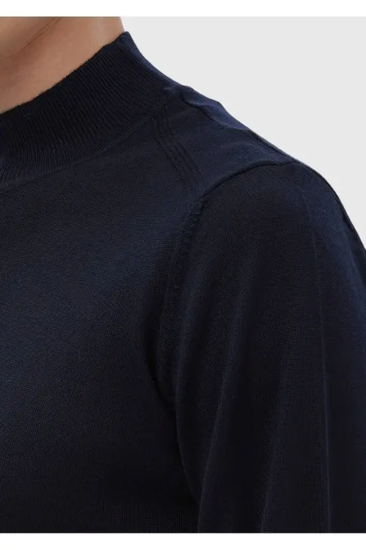 Navy Boat Neck Plain Knit Wool Blend Knitwear - 3
