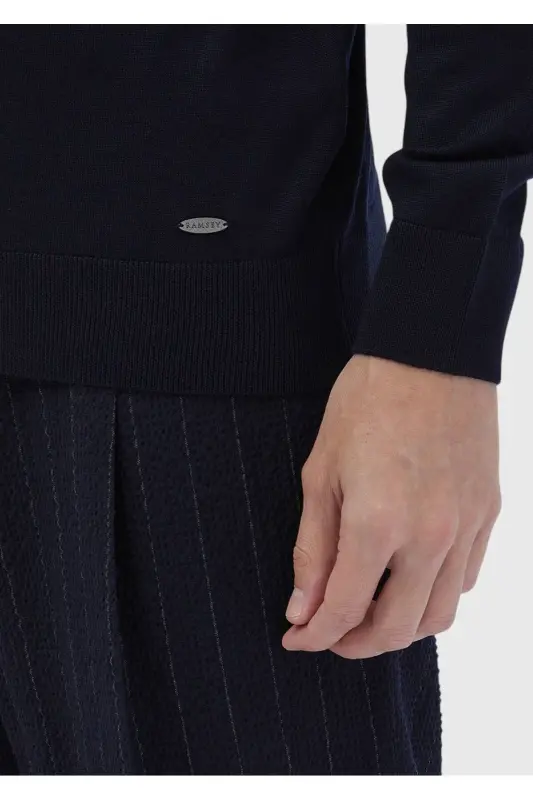 Navy Boat Neck Plain Knit Wool Blend Knitwear - 4