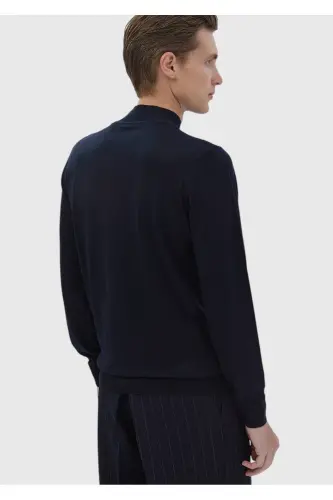 Navy Boat Neck Plain Knit Wool Blend Knitwear - 5