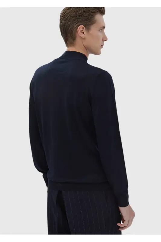 Navy Boat Neck Plain Knit Wool Blend Knitwear - 5