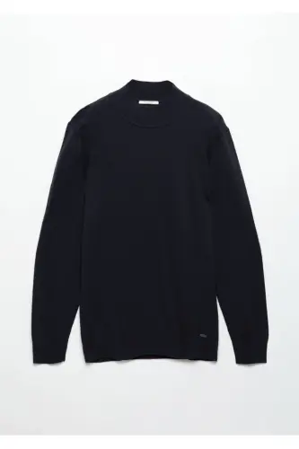 Navy Boat Neck Plain Knit Wool Blend Knitwear - 6