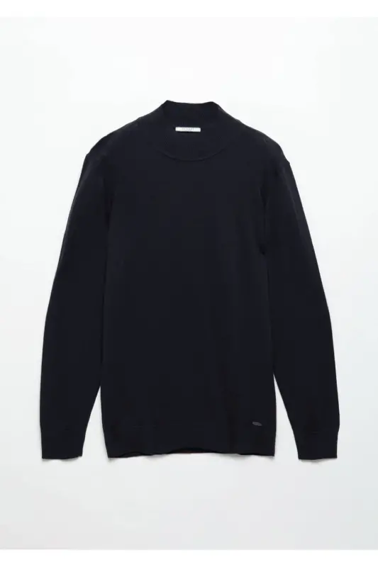 Navy Boat Neck Plain Knit Wool Blend Knitwear - 6