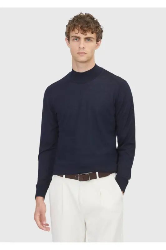Navy Boat Neck Plain Knit Wool Blend Knitwear - RAMSEY