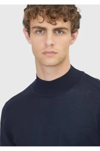 Navy Boat Neck Plain Knit Wool Blend Knitwear - 4