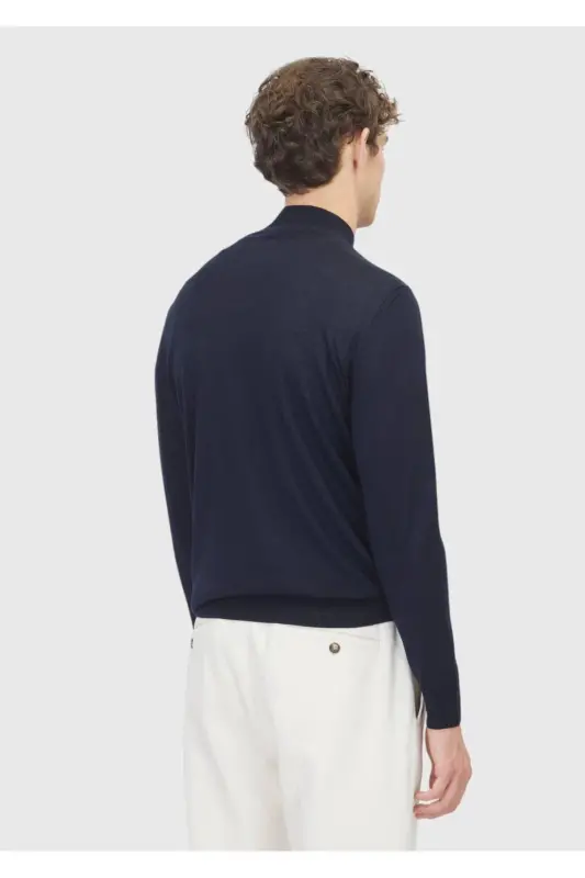 Navy Boat Neck Plain Knit Wool Blend Knitwear - 5