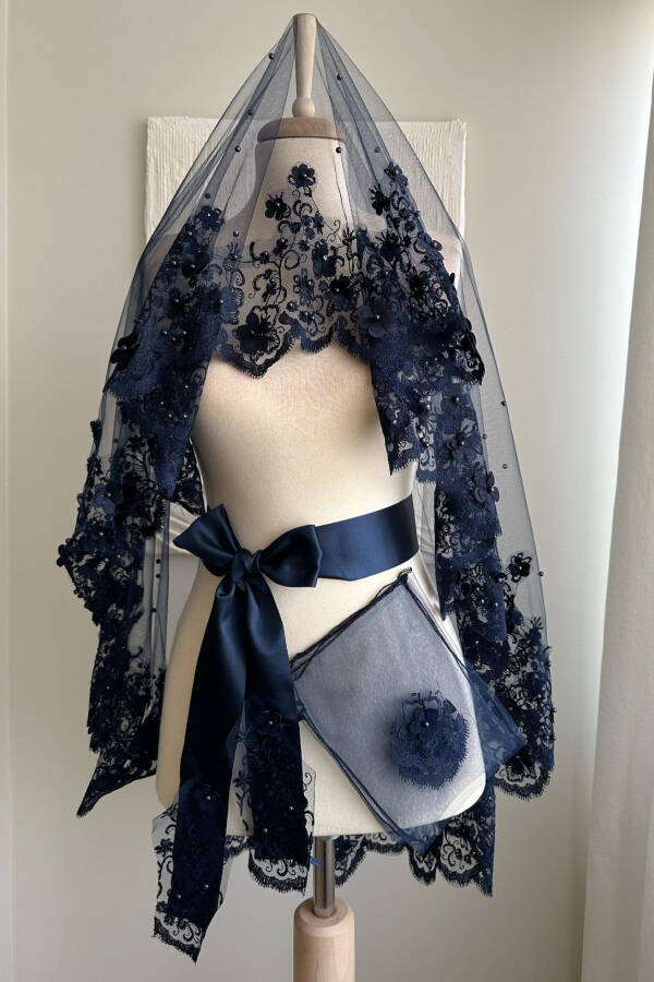 Navy Bridal Veil Set, Three-Dimensional Luxury Lace Pearl Embellished Henna Veil - 7