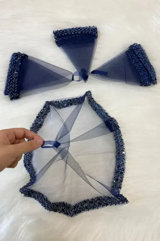 Navy Bride Handkerchief, Halay Handkerchief, Elegant Water Stone Sequined Beaded Sequin Paillette-SADECEMENDİLSUTAŞLIZARİFLACİVERT - ZEYMERADE