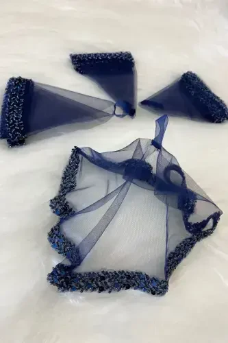 Navy Bride Handkerchief, Halay Handkerchief, Elegant Water Stone Sequined Beaded Sequin Paillette-SADECEMENDİLSUTAŞLIZARİFLACİVERT - ZEYMERADE (1)
