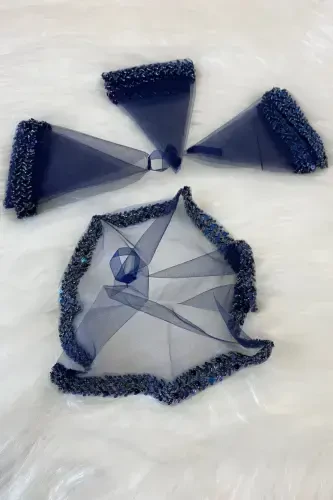 Navy Bride Handkerchief, Halay Handkerchief, Elegant Water Stone Sequined Beaded Sequin Paillette-SADECEMENDİLSUTAŞLIZARİFLACİVERT - 3