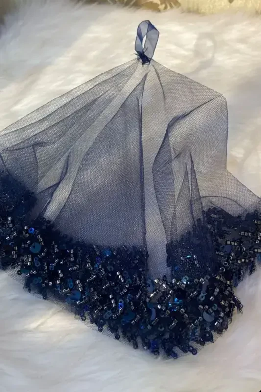 Navy Bride Handkerchief, Halay Handkerchief, Elegant Water Stone Sequined Beaded Sequin Paillette-SADECEMENDİLSUTAŞLIZARİFLACİVERT - 4