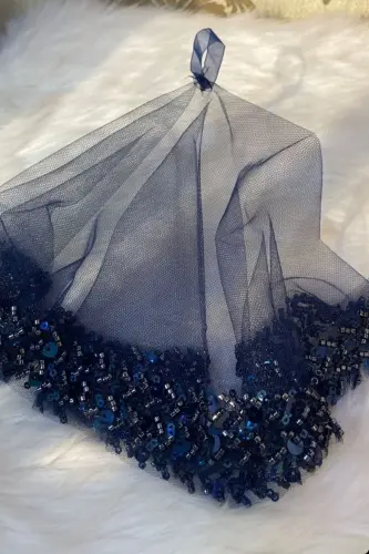 Navy Bride Handkerchief, Halay Handkerchief, Elegant Water Stone Sequined Beaded Sequin Paillette-SADECEMENDİLSUTAŞLIZARİFLACİVERT - 4