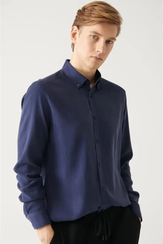 Navy Button-Down Collar Comfort Fit Tencel Shirt B002001 - 3