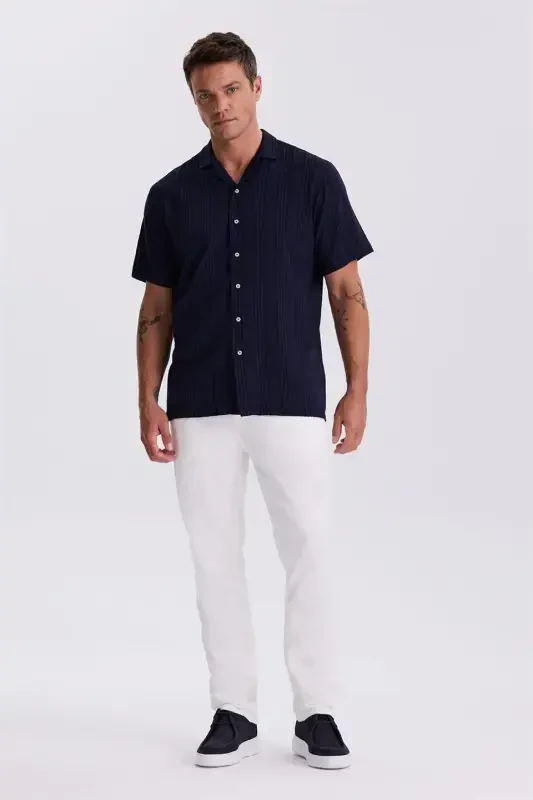 Navy Classic Fit Band Collar Casual Short Sleeve Shirt - Modazone