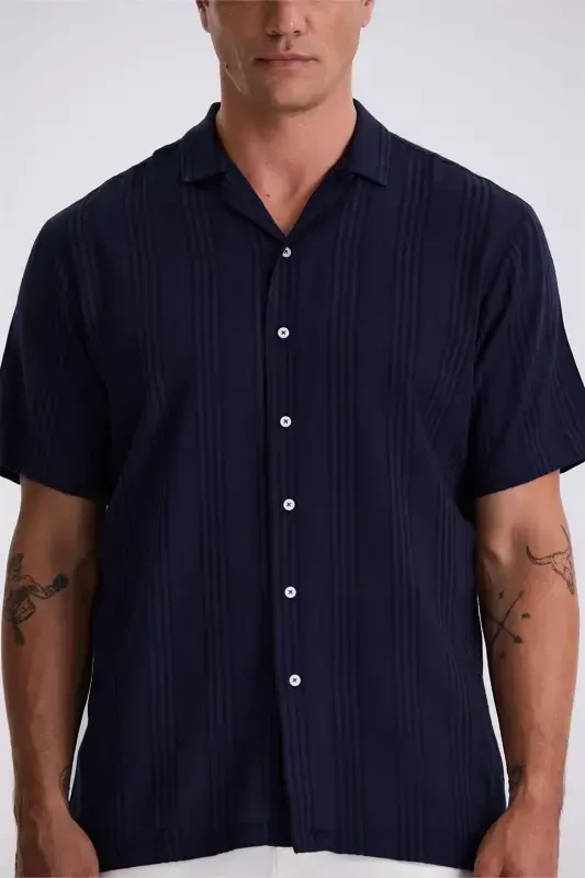 Navy Classic Fit Band Collar Casual Short Sleeve Shirt - 2