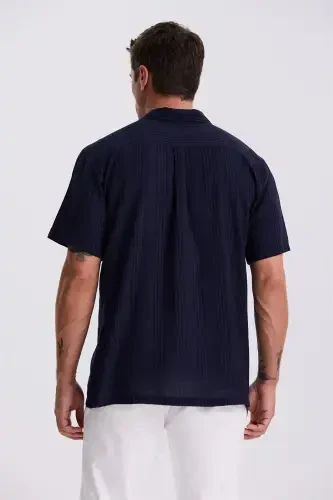 Navy Classic Fit Band Collar Casual Short Sleeve Shirt - 3