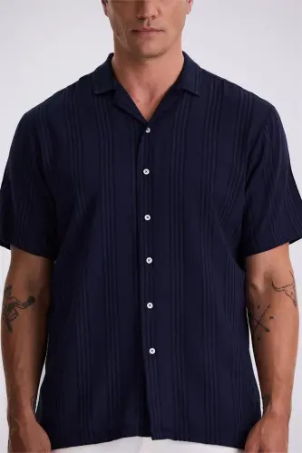 Navy Classic Fit Band Collar Casual Short Sleeve Shirt - JAKAMEN (1)