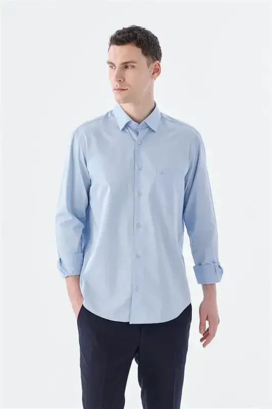 Navy Classic Fit Italian Collar Long Sleeve Classic Dress Shirt 100% Cotton Satin - 1