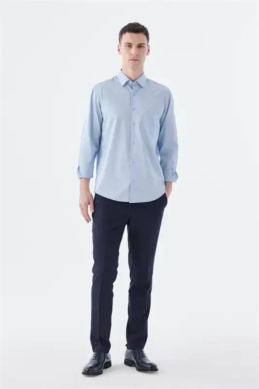 Navy Classic Fit Italian Collar Long Sleeve Classic Dress Shirt 100% Cotton Satin - 2