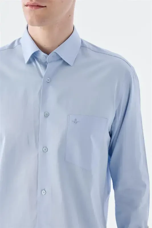 Navy Classic Fit Italian Collar Long Sleeve Classic Dress Shirt 100% Cotton Satin - 3