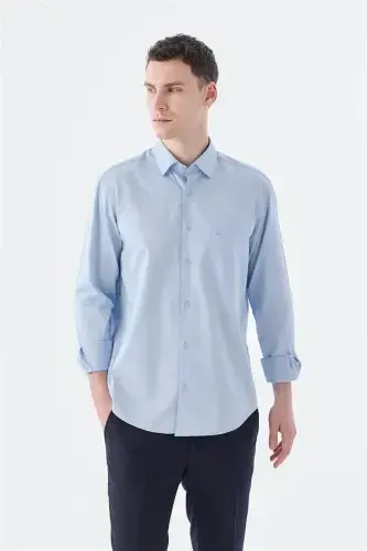 Navy Classic Fit Italian Collar Long Sleeve Classic Dress Shirt 100% Cotton Satin - 1