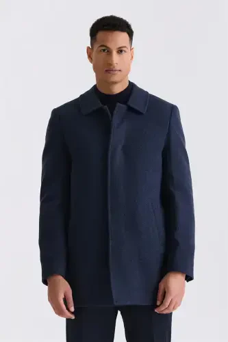 Navy Classic Fit Nehru Collar Striped Wool Coat - 1