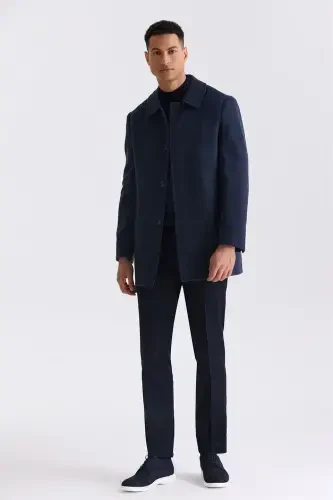 Navy Classic Fit Nehru Collar Striped Wool Coat - JAKAMEN (1)