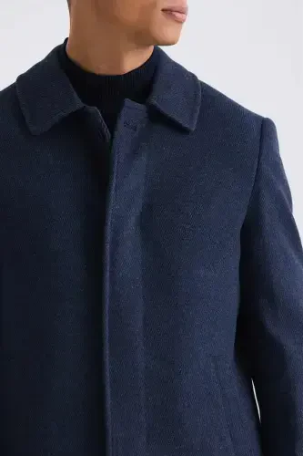 Navy Classic Fit Nehru Collar Striped Wool Coat - 3