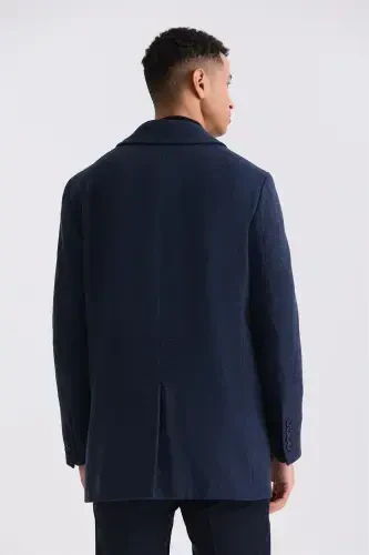 Navy Classic Fit Nehru Collar Striped Wool Coat - 4