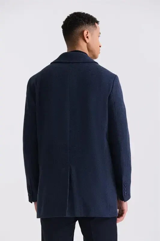 Navy Classic Fit Nehru Collar Striped Wool Coat - 4