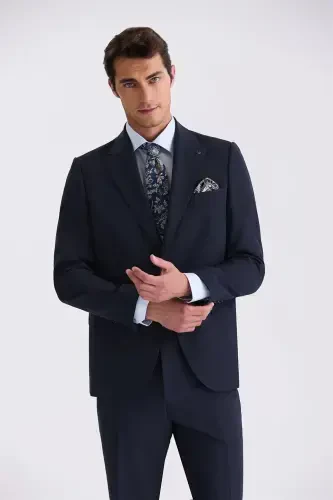 Navy Classic Fit Peak Lapel Wool Suit - Modazone (1)