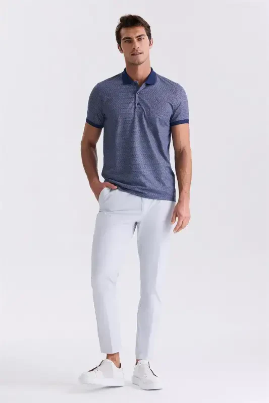 Navy Classic Fit Pocketed Patterned Polo Neck T-Shirt - 2