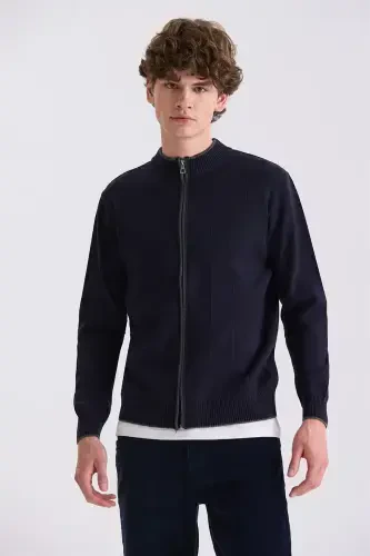 Navy Classic Fit Straight Zip Stand Collar Knit Cardigan - 1