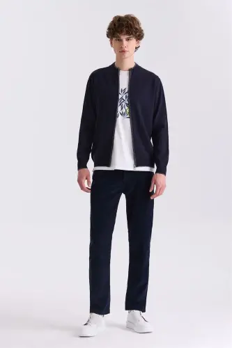 Navy Classic Fit Straight Zip Stand Collar Knit Cardigan - JAKAMEN (1)