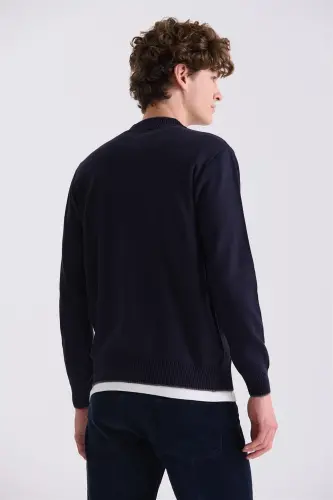 Navy Classic Fit Straight Zip Stand Collar Knit Cardigan - 4
