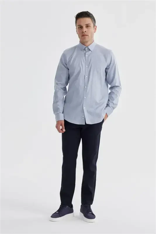 Navy Comfort Fit 100% Cotton Pique Check Shirt - 1