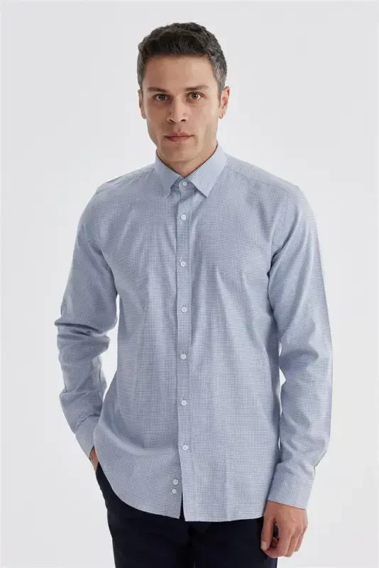 Navy Comfort Fit 100% Cotton Pique Check Shirt - 2