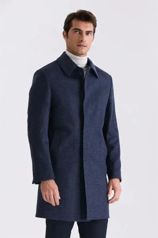 Navy Comfort Fit Berber Collar Plaid Patterned Wool Cashmere Coat - JAKAMEN